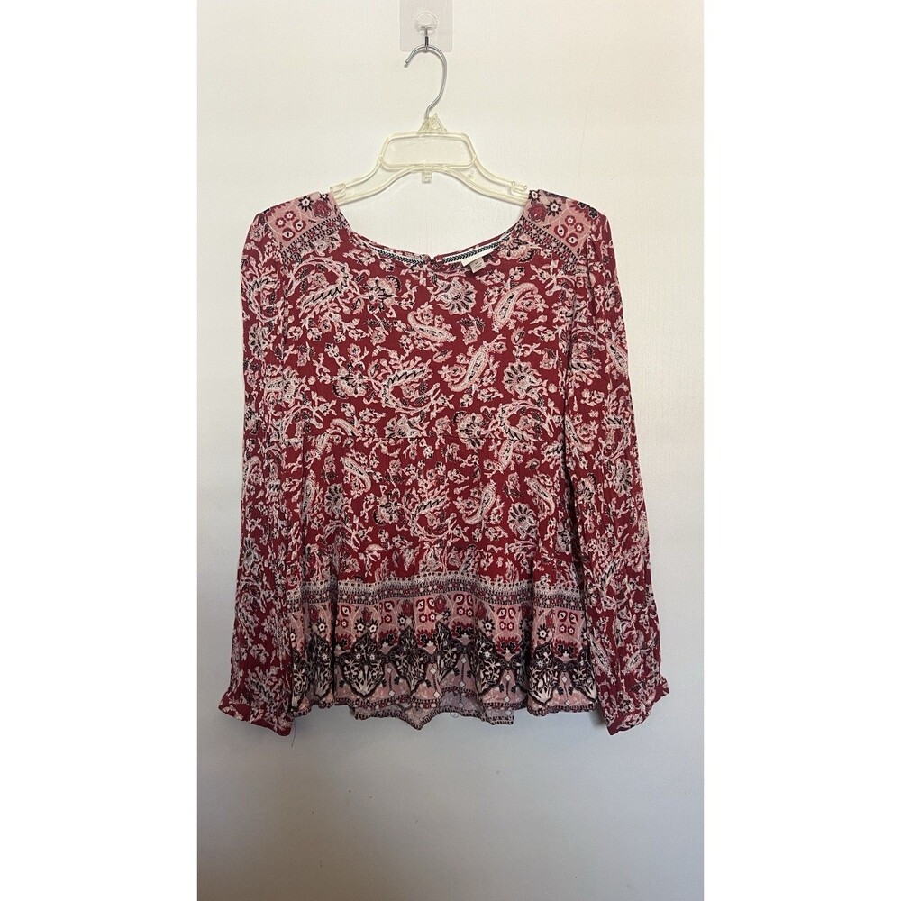 Knox Rose Burgundy Red Paisley Floral Boho Peasant Blouse Long Sleeve Women’s M